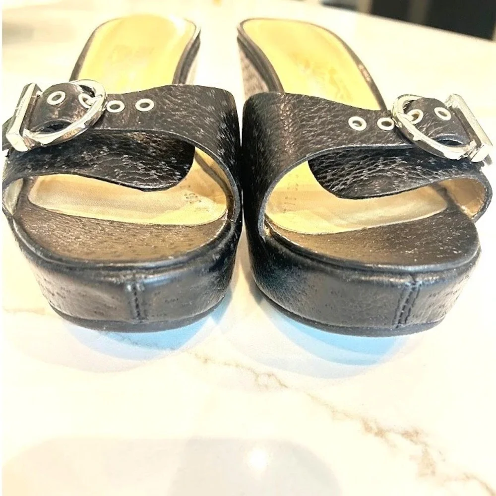Salvatore Ferragamo Agostina Black Pebble Calf Leather Wedge Sandals 9B Italy